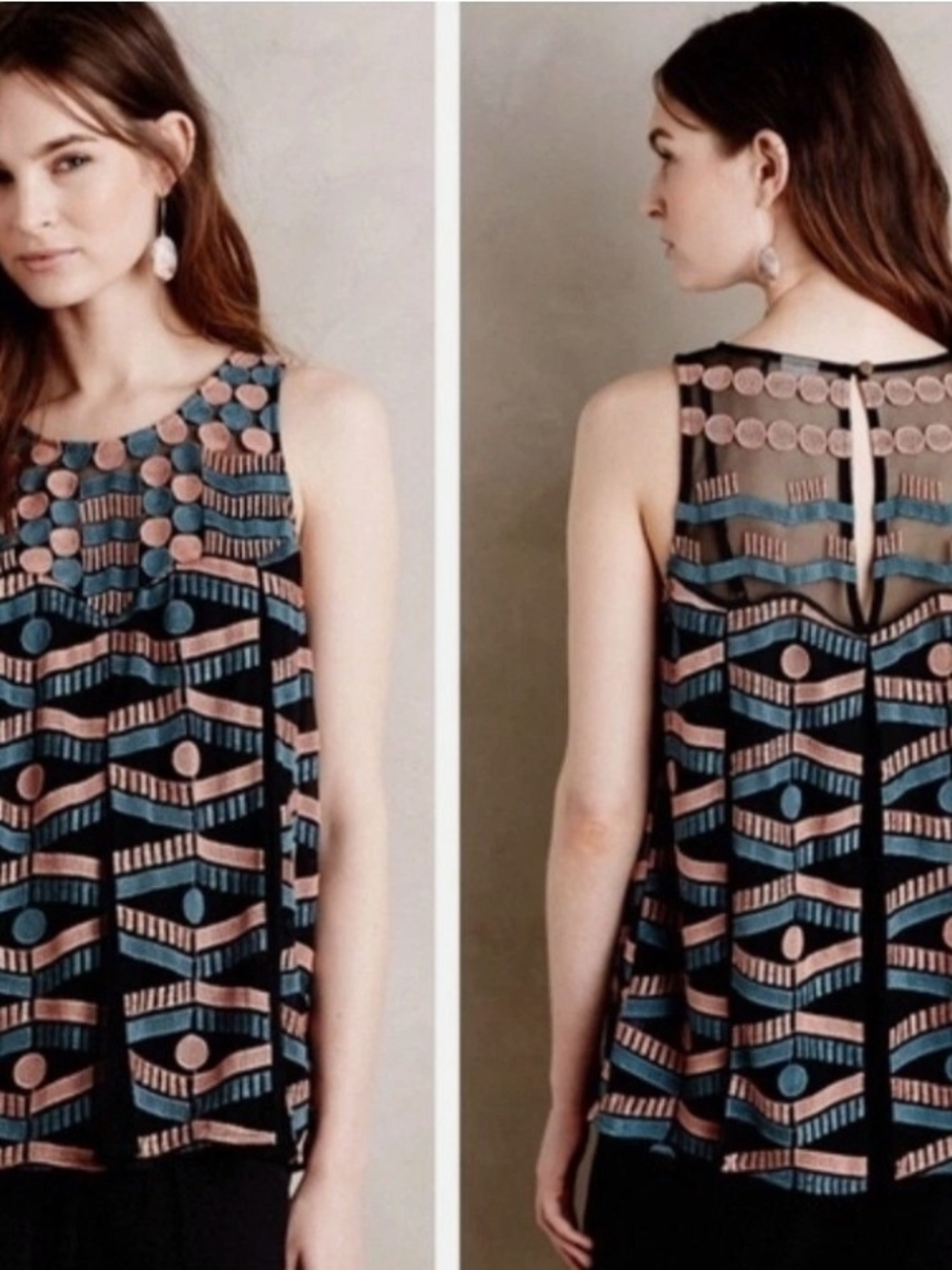 Anthropologie Black Camisole with Teal and Blush Geometric Print